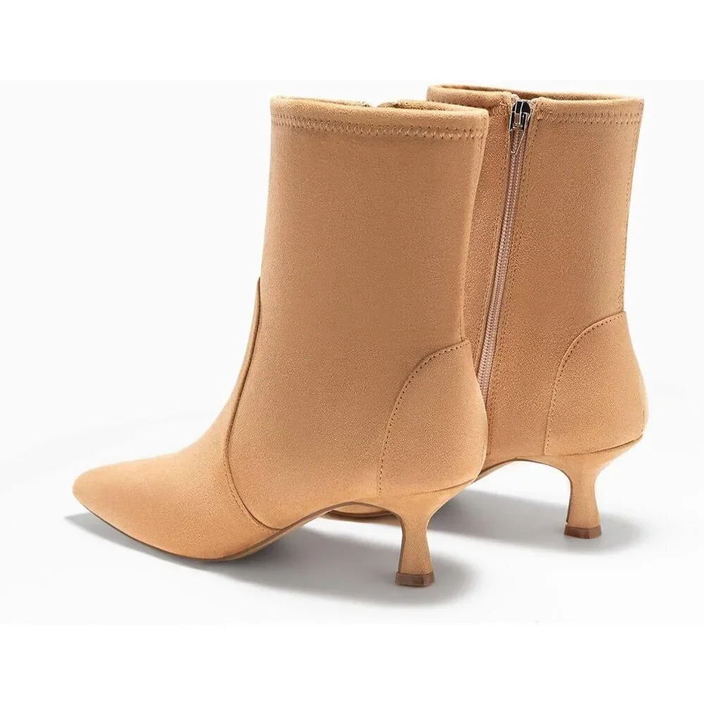 Women's Khaki Low Kitten Heel Ankle Shoes Pointed Toe Side Zipper Fall Boots